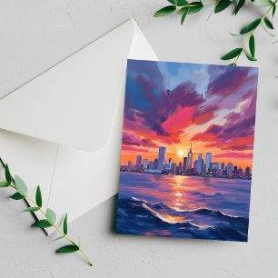 Cityscape Sunset   City Skyline Watercolor Card