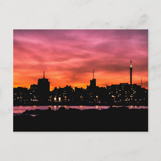 Cityscape Sunset Scene, Montevideo, Uruguay Postcard (Front)