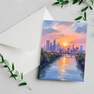 Cityscape Sunset Watercolor Painting Card