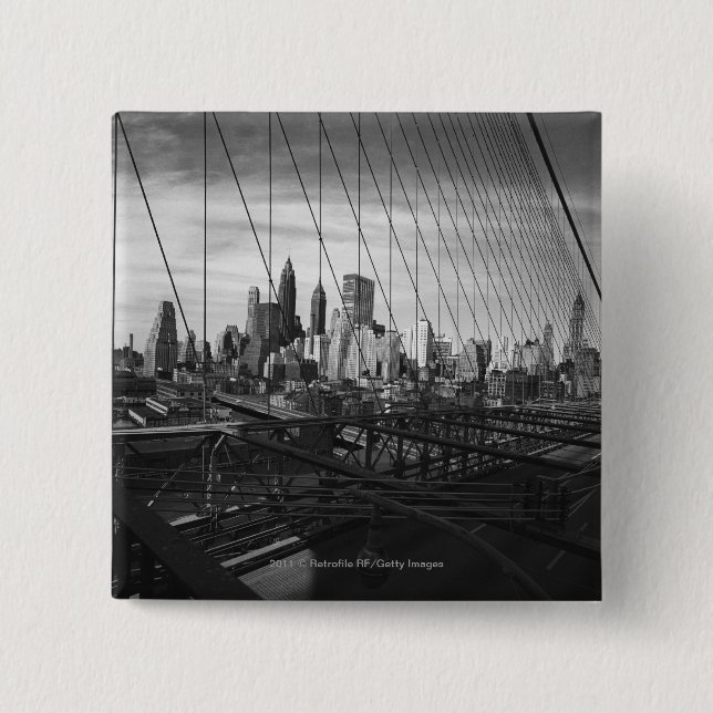 Cityscape through bridge cables 2 inch square button (Front)