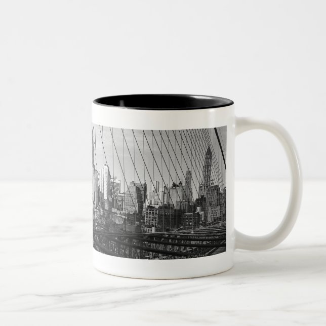 Cityscape through bridge cables Two-Tone coffee mug (Right)
