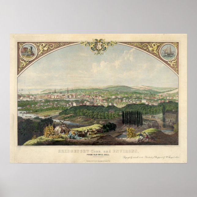 Cityscape View of Bridgeport, Connecticut in 1857 Poster (Front)