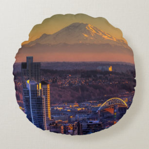 Cityscape view of Seattle downtown, football Round Pillow