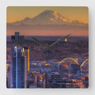 Cityscape view of Seattle downtown, football Square Wall Clock