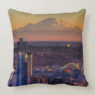 Cityscape view of Seattle downtown, football Throw Pillow