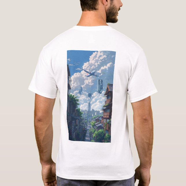 Cityscape with a Single Airplane - Urban Wanderlus T-Shirt (Back)