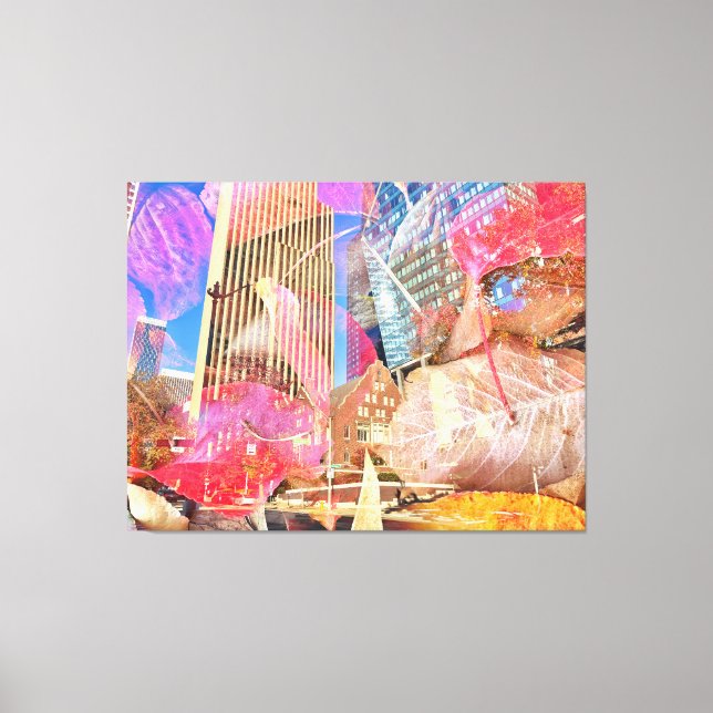 Cityscape with Red Autumn Leaves Overlaid Abstract Canvas Print (Front)