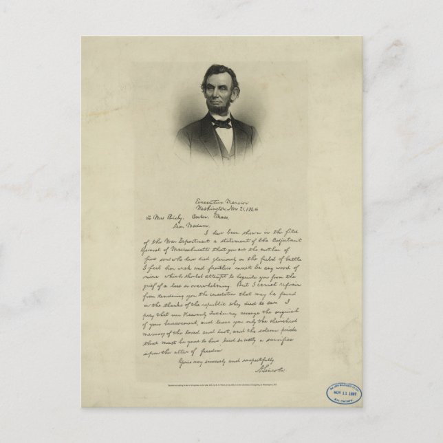 Civil War Letter from Abraham Lincoln to Mrs Bixby Postcard (Front)