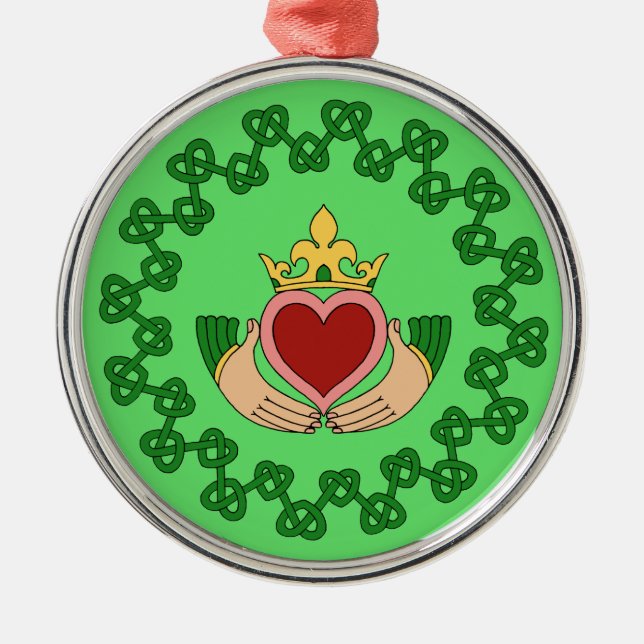 Claddagh and Green Knotwork Metal Ornament (Front)