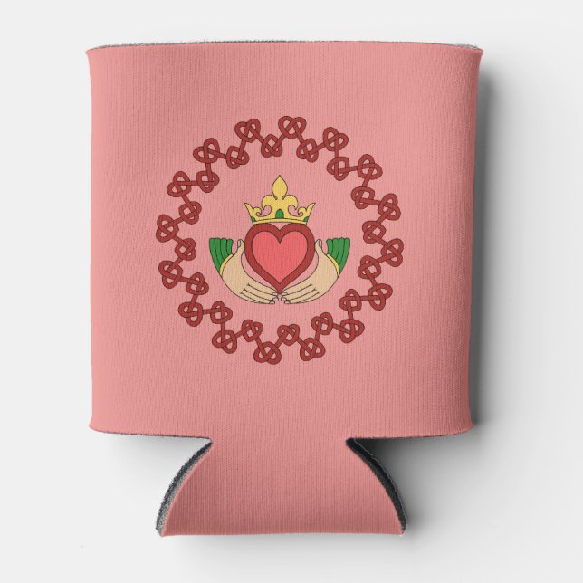 Claddagh and Red Knotwork on Pink Can Cooler (Front)