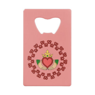 Claddagh and Red Knotwork on Pink Credit Card Bottle Opener