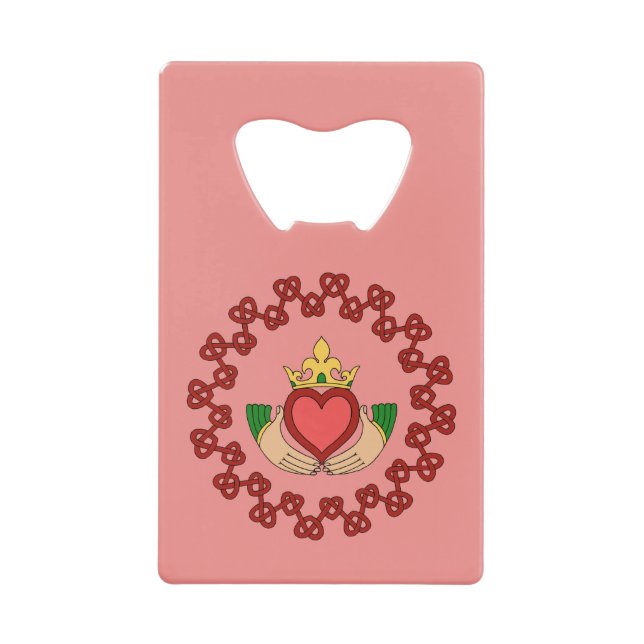 Claddagh and Red Knotwork on Pink Credit Card Bottle Opener (Front)