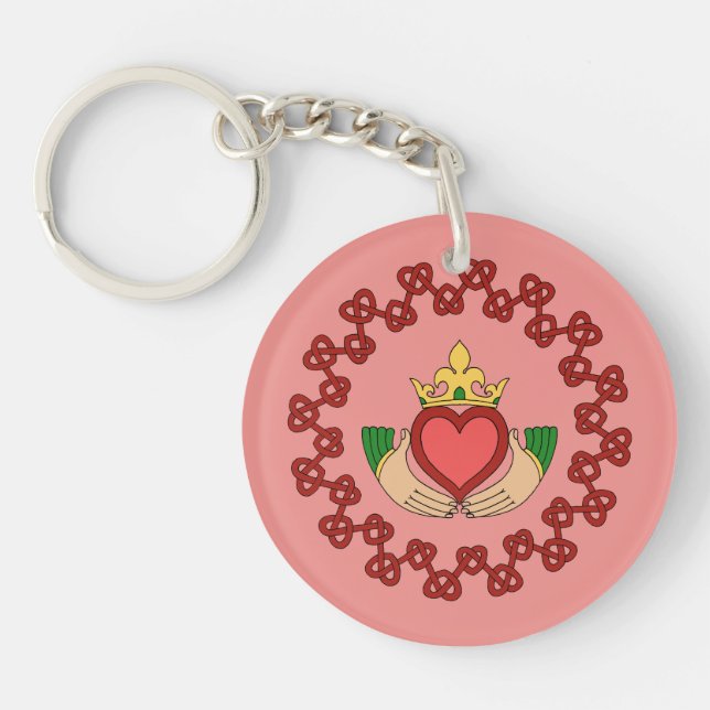 Claddagh and Red Knotwork on Pink Keychain (Front)