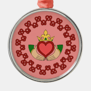 Claddagh and Red Knotwork on Pink Metal Ornament