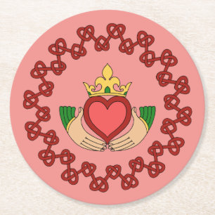 Claddagh and Red Knotwork on Pink Round Paper Coaster
