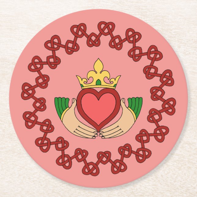 Claddagh and Red Knotwork on Pink Round Paper Coaster (Front)