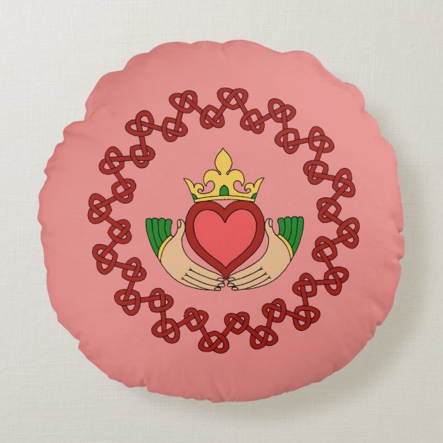 Claddagh and Red Knotwork on Pink Round Pillow (Front)