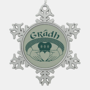 Claddagh Ring Love Gradh Gaelic in Green Snowflake Pewter Christmas Ornament