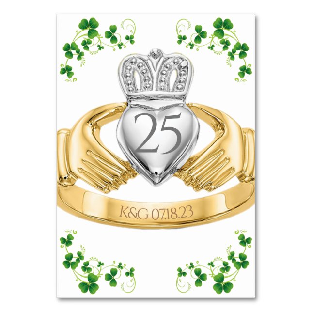 Claddagh Ring Wedding Initials & Shamrocks Table N Table Number (Front)