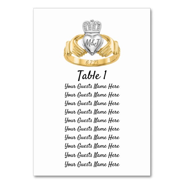Claddagh Ring Wedding Table Plan Initials & Date Table Number (Front)