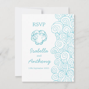 Clam shell & swirls blue & white art wedding RSVP