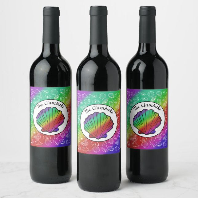 Clambake Rainbow Clam Shellfish Pattern Wine Label (Bottles)