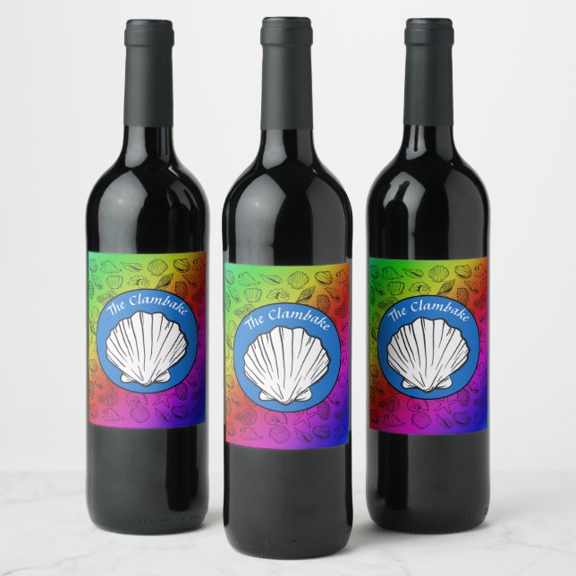 Clambake Seashells Rainbow Pattern Party Wine Label (Bottles)