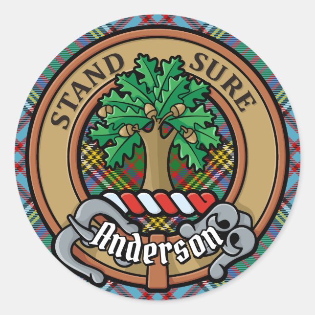 Clan Anderson Crest over Tartan Classic Round Sticker (Front)