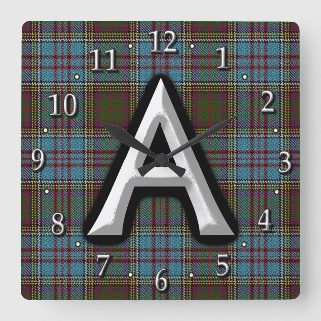 Clan Anderson Letter A Monogram Tartan Square Wall Clock (Front)
