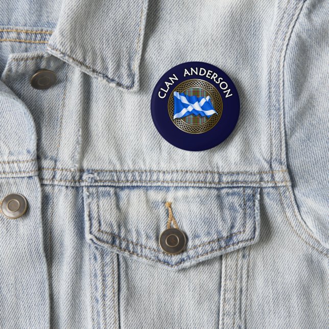 Clan Anderson Tartan Knot & Flag 2 Inch Round Button (In Situ)