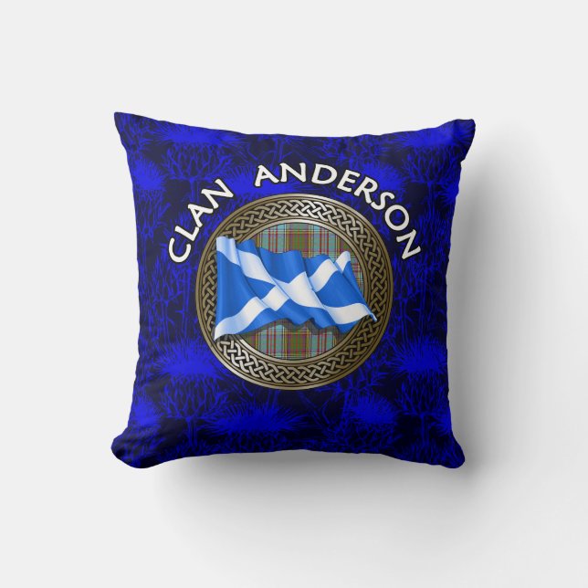 Clan Anderson Tartan Knot & Flag Throw Pillow (Front)