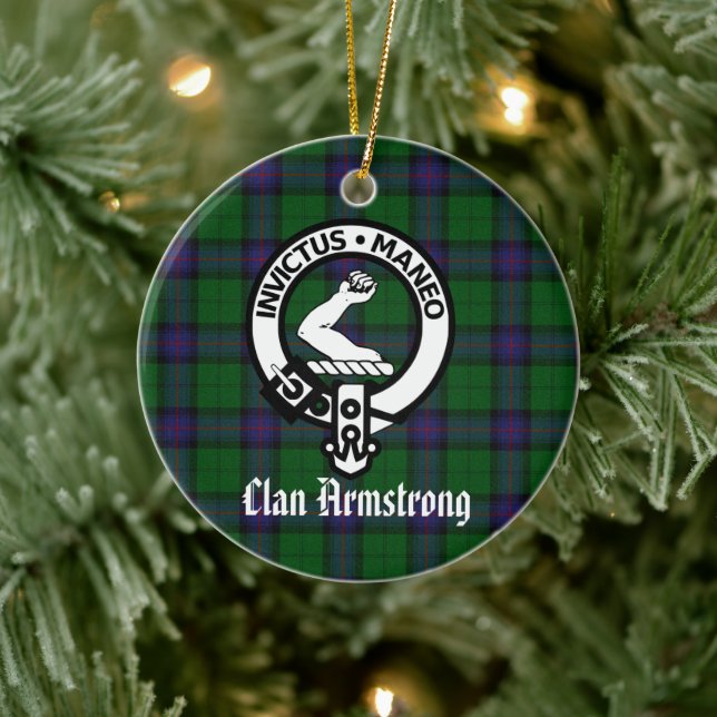Clan Armstrong Crest Badge and Tartan Ceramic Ornament (Tree)