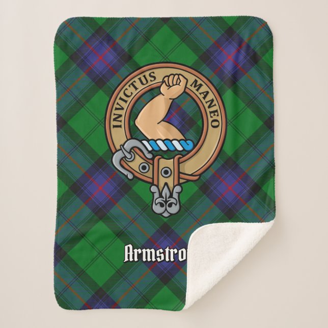 Clan Armstrong Crest over Tartan Sherpa Blanket (Front)