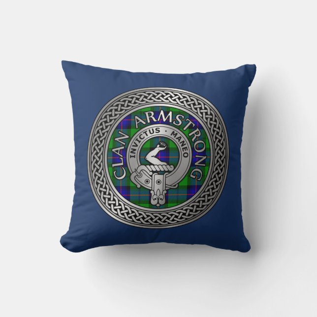 Clan Armstrong Crest & Tartan Knot Throw Pillow (Front)