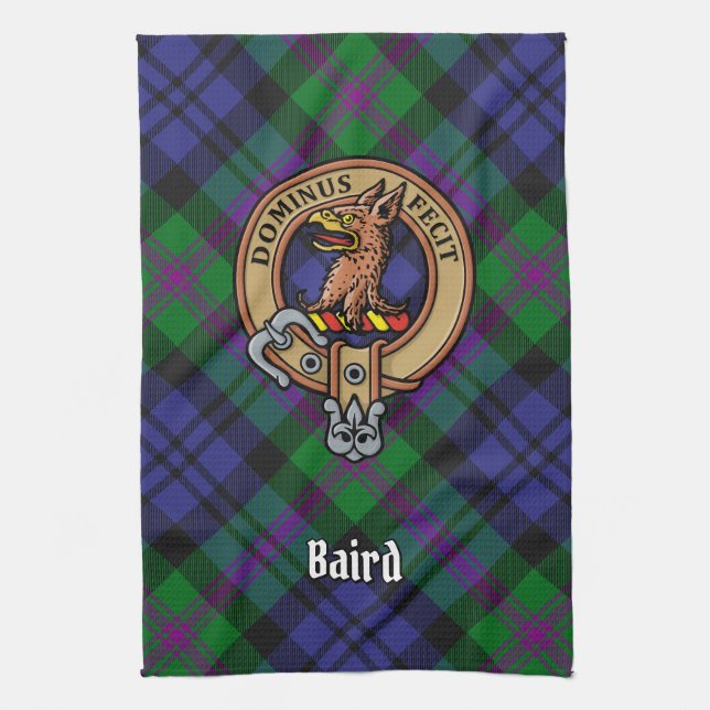 Clan Baird Crest over Tartan Kitchen Towel (Vertical)