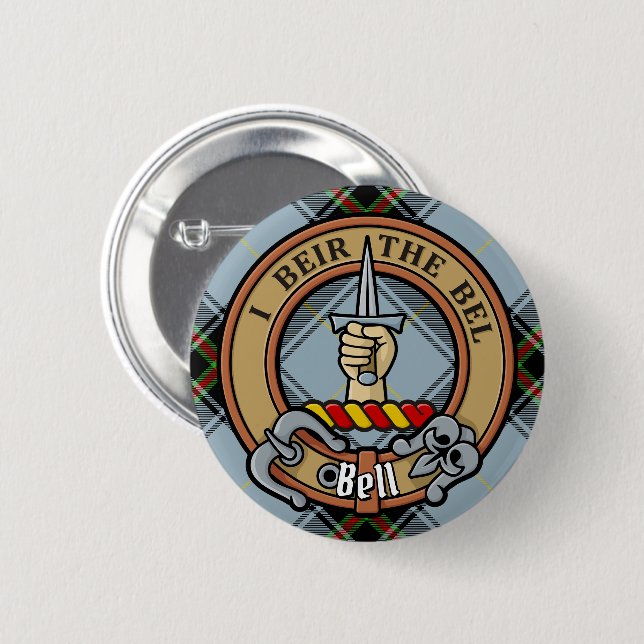 Clan Bell Crest over Tartan 2 Inch Round Button (Front & Back)