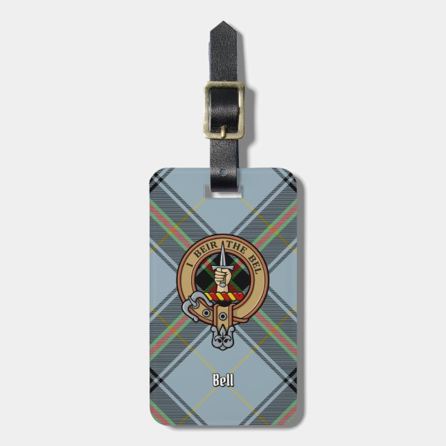 Clan Bell Crest over Tartan Luggage Tag (Front Vertical)