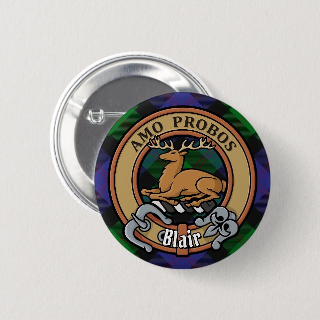 Clan Blair Crest over Tartan 2 Inch Round Button (Front & Back)