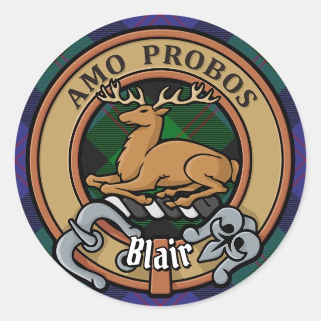 Clan Blair Crest over Tartan Classic Round Sticker (Front)