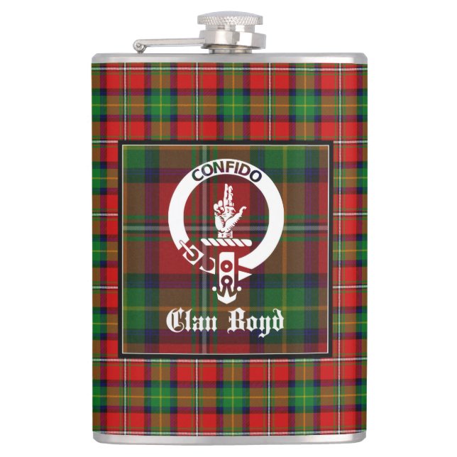 Clan Boyd Crest Badge & Tartan Hip Flask (Front)
