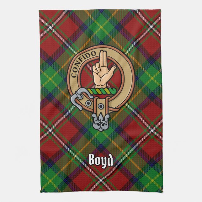 Clan Boyd Crest over Tartan Kitchen Towel (Vertical)