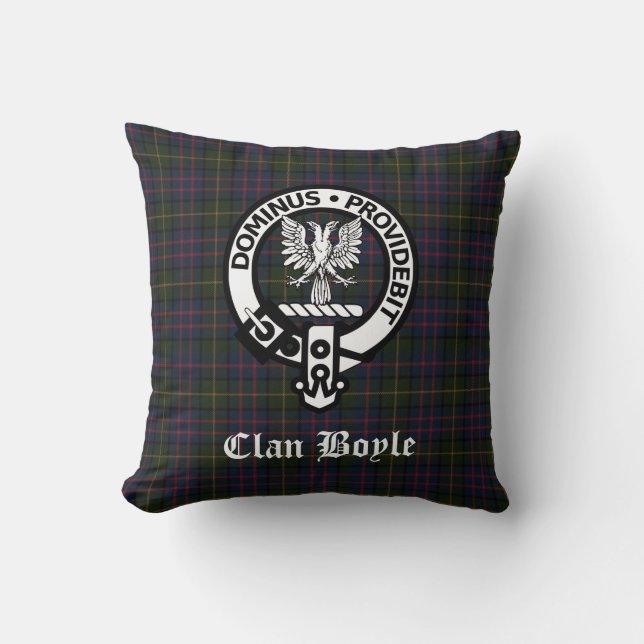 Clan Boyle Crest Badge & Tartan Throw Pillow (Front)