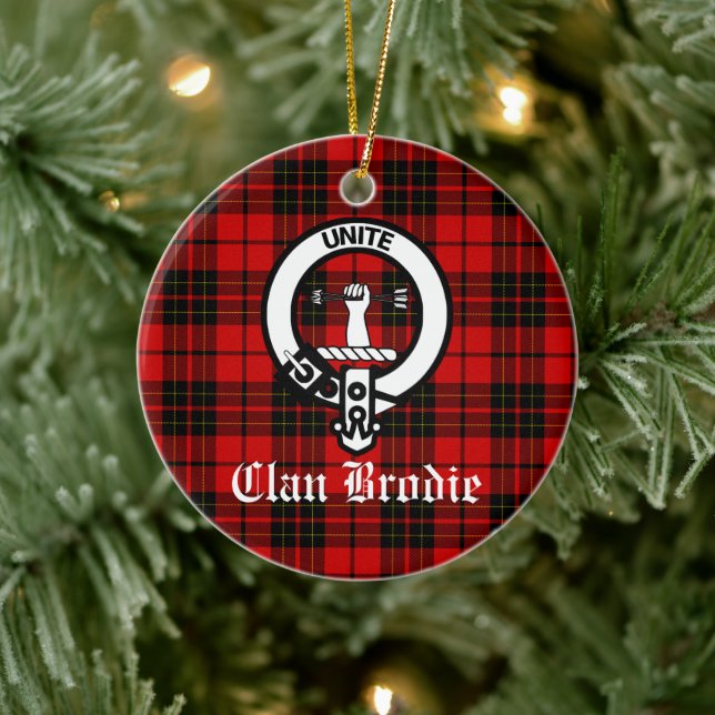 Clan Brodie Crest Badge and Tartan Ceramic Ornament (Tree)