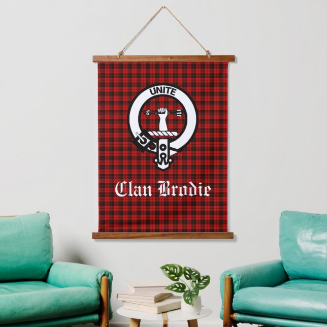 Clan Brodie Crest Badge and Tartan  Hanging Tapestry (Living Room)