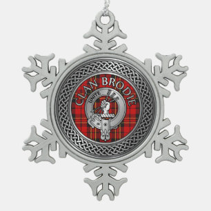 Clan Brodie Crest & Tartan Knot Snowflake Pewter Christmas Ornament