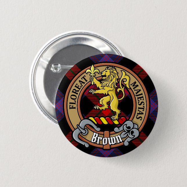 Clan Brown Crest over Tartan 2 Inch Round Button (Front & Back)