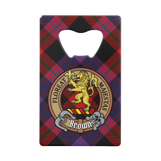 Clan Brown Crest over Tartan Credit Card Bottle Opener (Front)