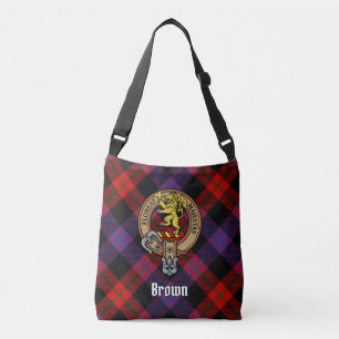 Clan Brown Crest over Tartan Crossbody Bag