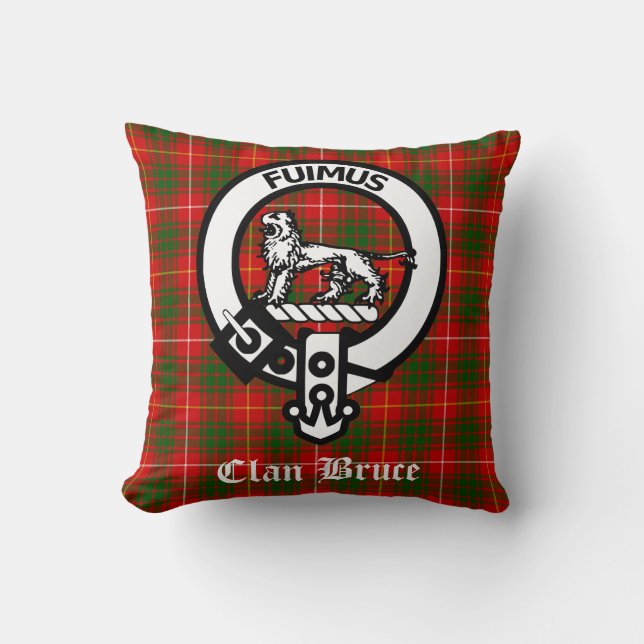 Clan Bruce Crest Badge & Tartan Throw Pillow (Front)