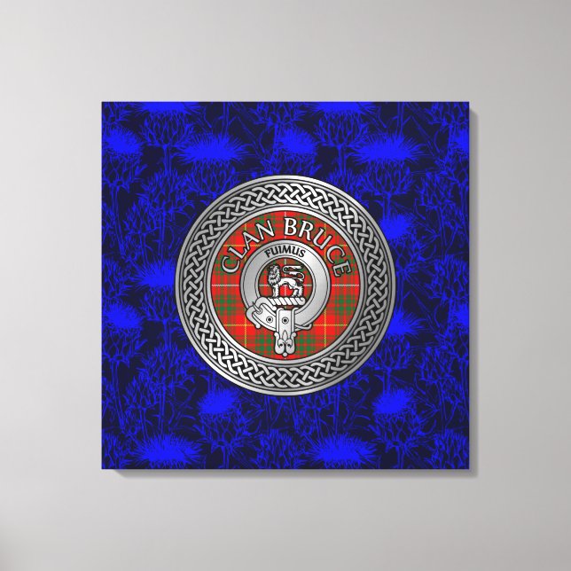 Clan Bruce Crest & Tartan Knot on Thistle Canvas Print (Front)